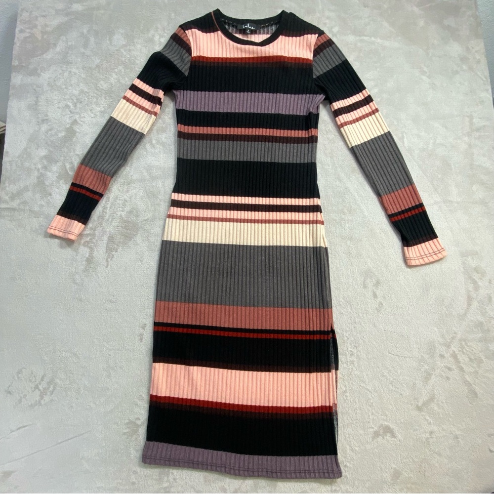 Lulu's Share the love Mauve multi striped Ribbed long sleeve midi dress | small
